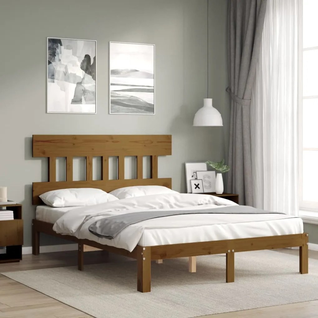 Estrutura de cama dupla pequena 4FT madeira maciça castanho-mel