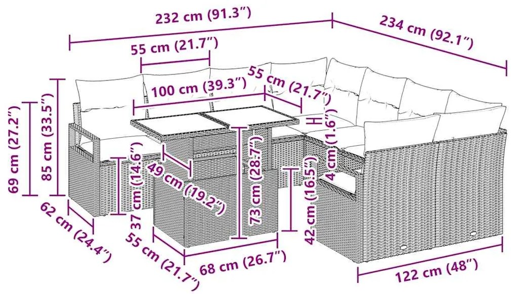 Conjunto de Sofá de Jardim com 9 Peças e Almofadas Cinza em Rattan