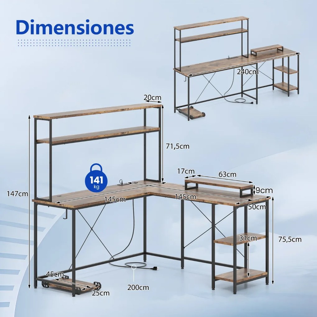 Secretária 145 x 145 x 147 cm em forma de L convertível com tomadas e portas USB e iluminação inteligente castanha