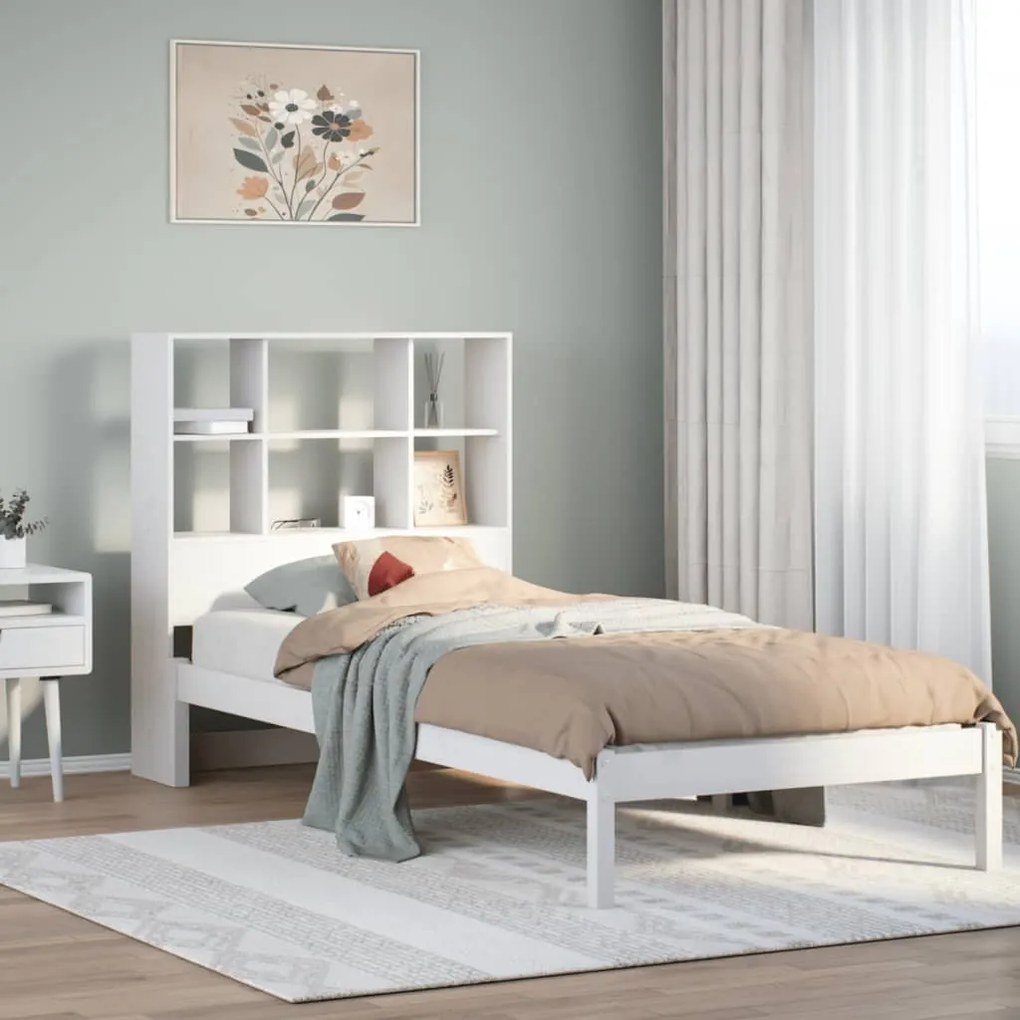 vidaXL Cama com estante sem colchão 90x190 cm pinho maciço branco