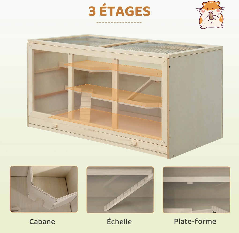 Gaiola para hamsters e gerbil, 2 níveis, teto abrível, janelas, casinha e 2 escadas, 115 x 57 x 55 cm, efeito de madeira natural