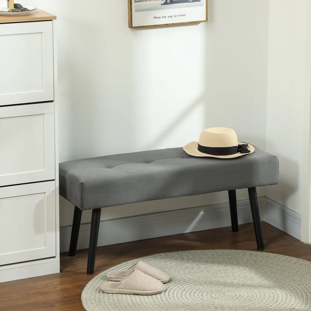 Banco para colocar ao pé da cama, estofado em veludo canelado e com pés em aço preto, capacidade de carga de 220 kg, 100 x 36 x 45 cm, cinzento