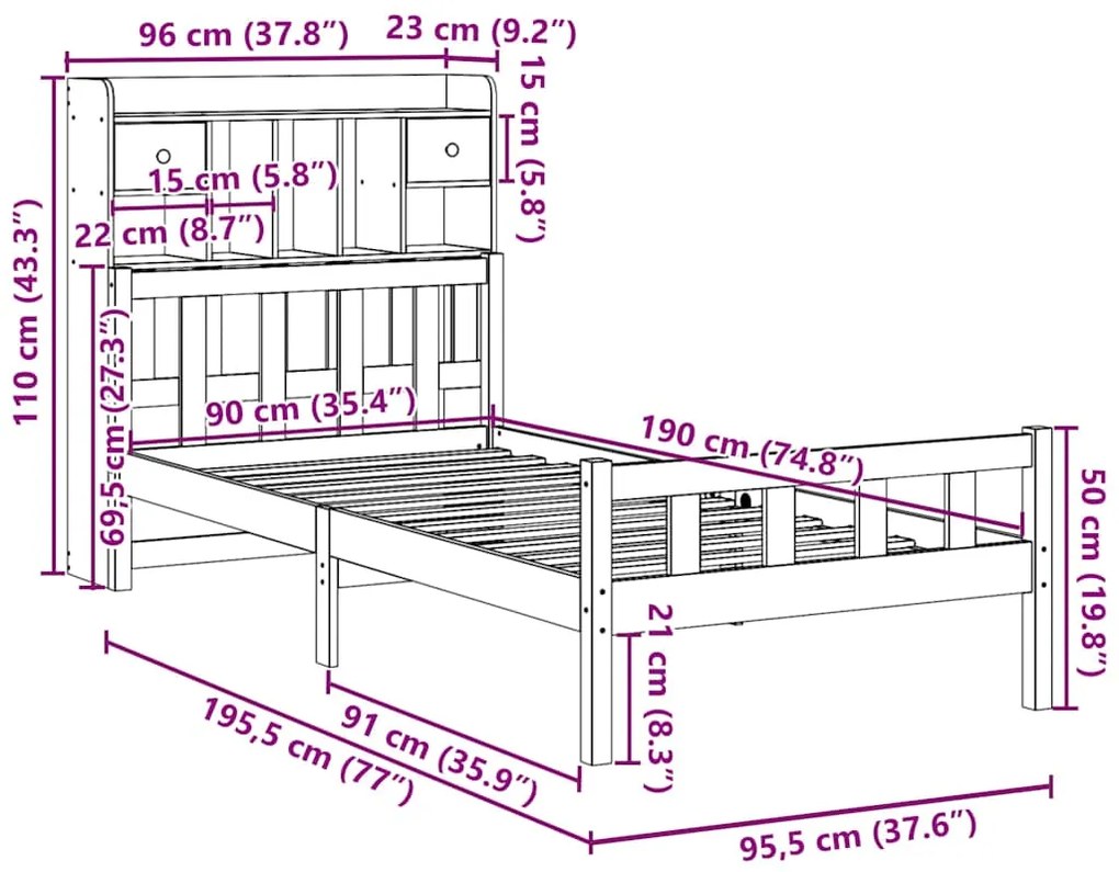 Cama com estante sem colchão 90x190 cm pinho maciço