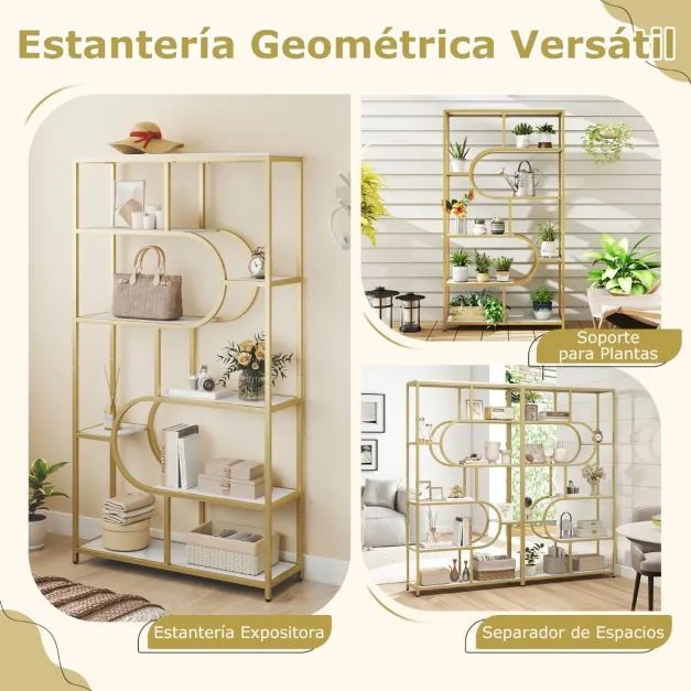 Estante de 8 prateleiras abertas 95 x 30 x 175 cm Design em forma de U Estrutura metálica Branca e Dourada