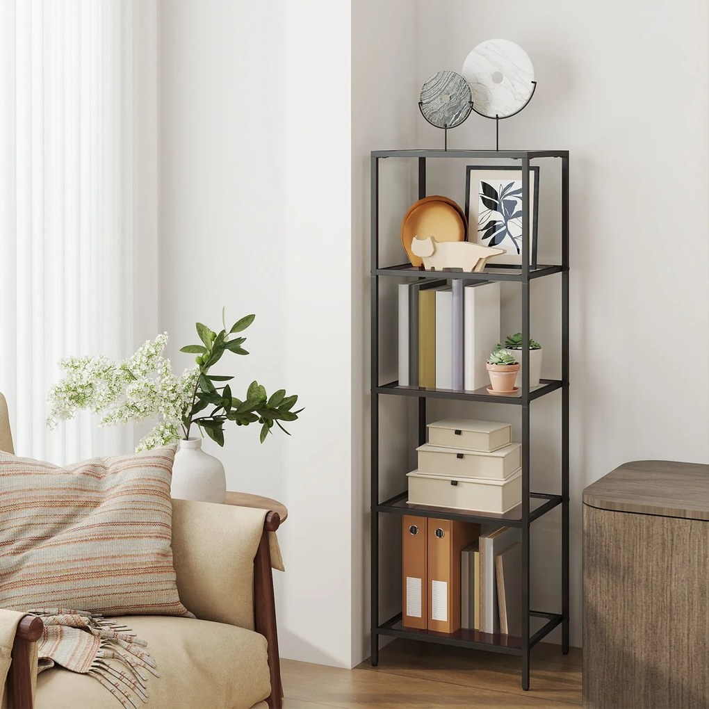 Estante de arrumação de vidro, aço com 5 prateleiras 35 x 40 x 124,5 cm preto
