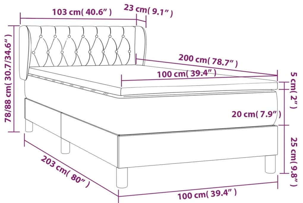 Cama com molas/colchão 100x200 cm veludo cinza-escuro