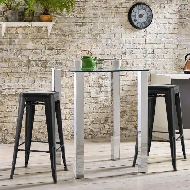 Conjunto de 4 bancos empilháveis de metal com almofadas de borracha e orifício de fixação para cozinha, sala de jantar ou bar 41 x 41 x 76 cm Preto