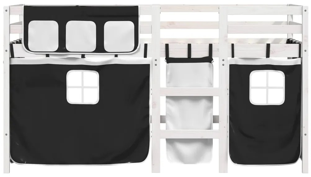 Cama alta criança c/ cortina 80x200cm pinho maciço branco/preto