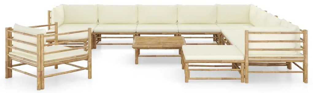 12 pcs conj. lounge jardim em bambu c/ almofadões branco nata