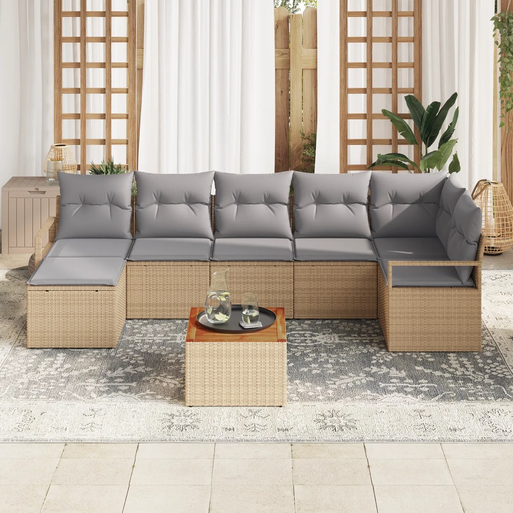 Conjunto de Sofá de Jardim de 9 Peças com Almofadas Bege Vime PE Acáci