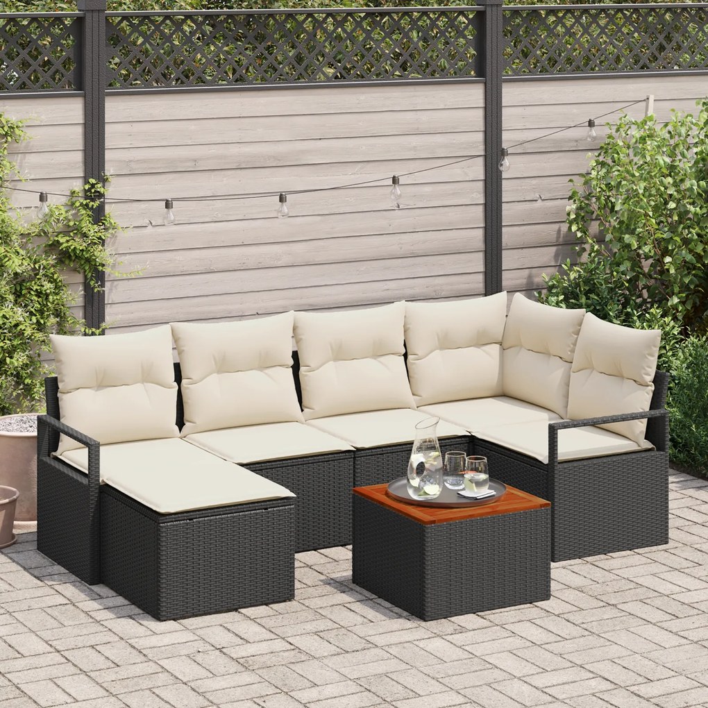 Conjunto de Sofás de Jardim de 7 Peças com Almofadas Vime Preto Acácia