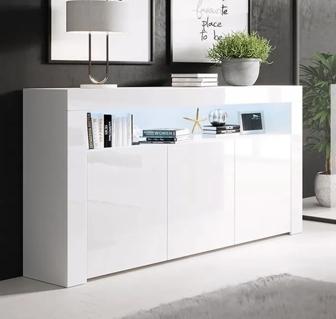 Aparador Alays – 155x37x91,5 cm – Branco Brilhante – 3 Portas com Luz