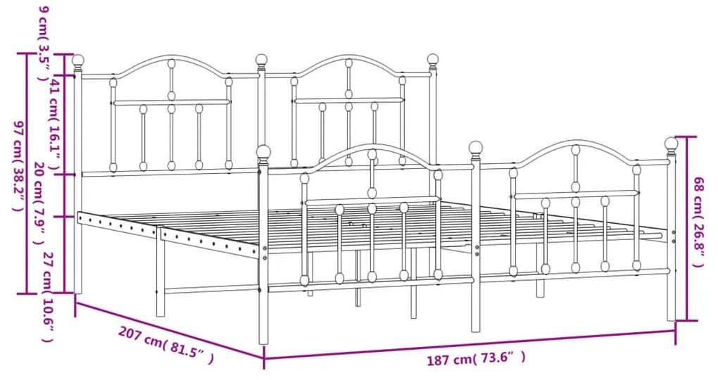 Estrutura de cama com cabeceira e pés 180x200 cm metal branco