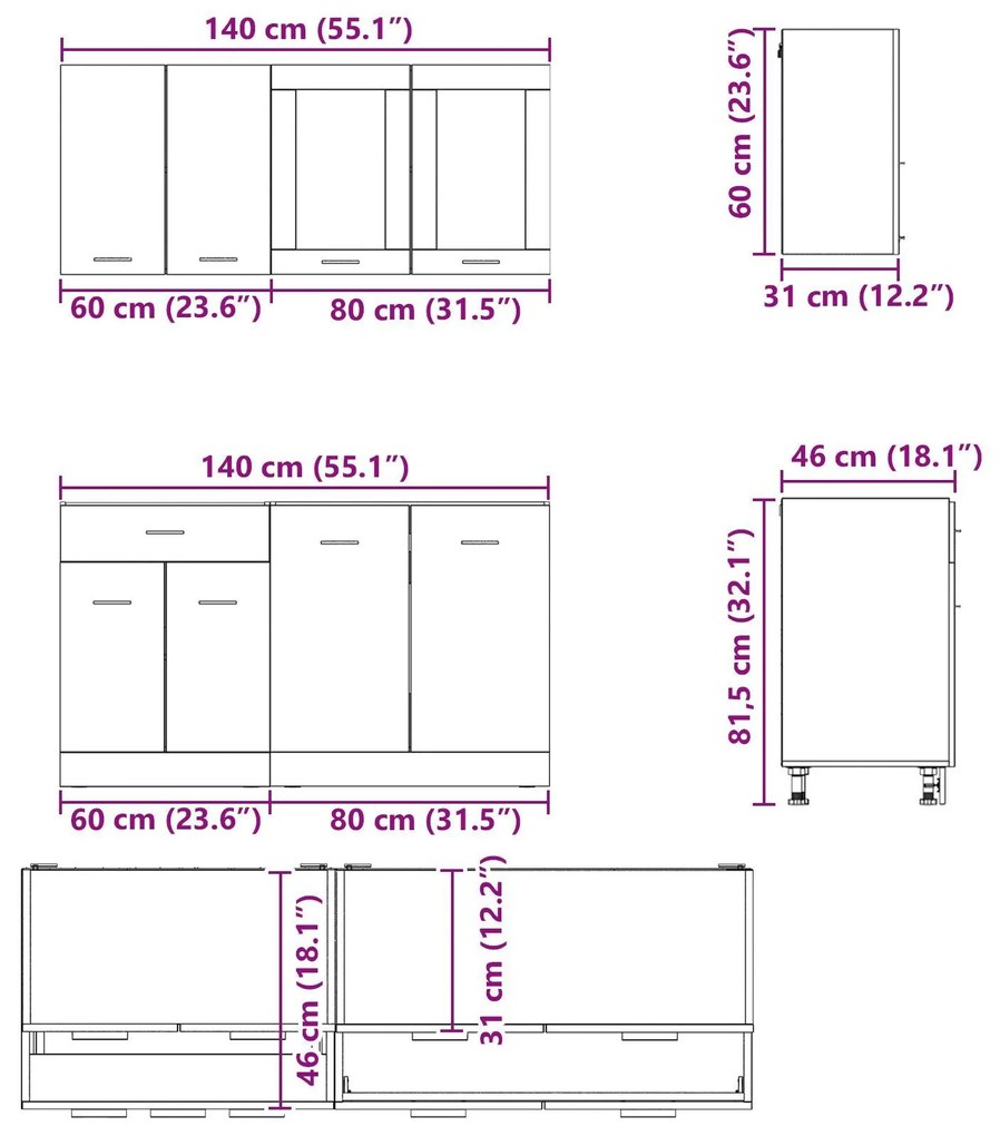 Conjunto de Armários de Cozinha 4 Peças Cinza Sonoma Madeira Engenheir