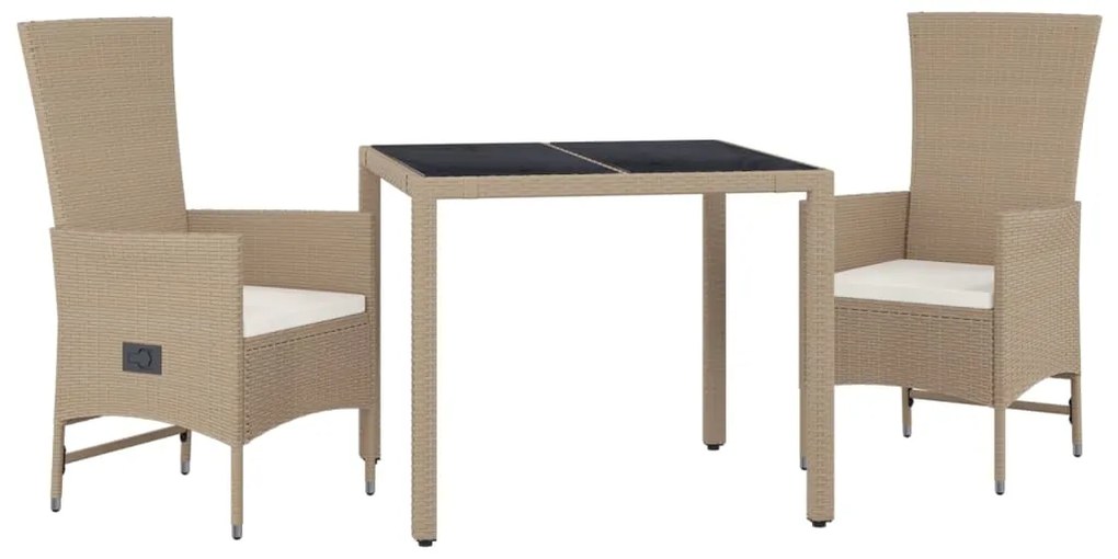 3 pcs conjunto de jantar p/ jardim com almofadões vime PE bege