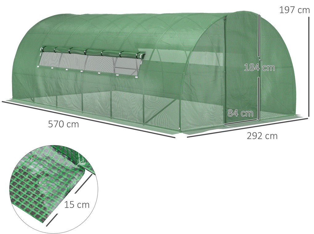 Outsunny Estufa Tipo Túnel 570x292x197cm com Porta e Janelas Estufa de Jardim Grande com Cobertura de PE e Metal Galvanizado para Cultivos de Plantas Verduras Verde