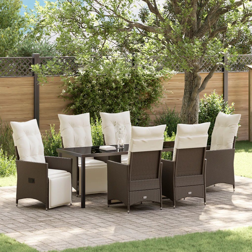 vidaXL Conjunto de Jantar de Jardim de 7 Peças com Almofadas Castanho Rattan Poliéster