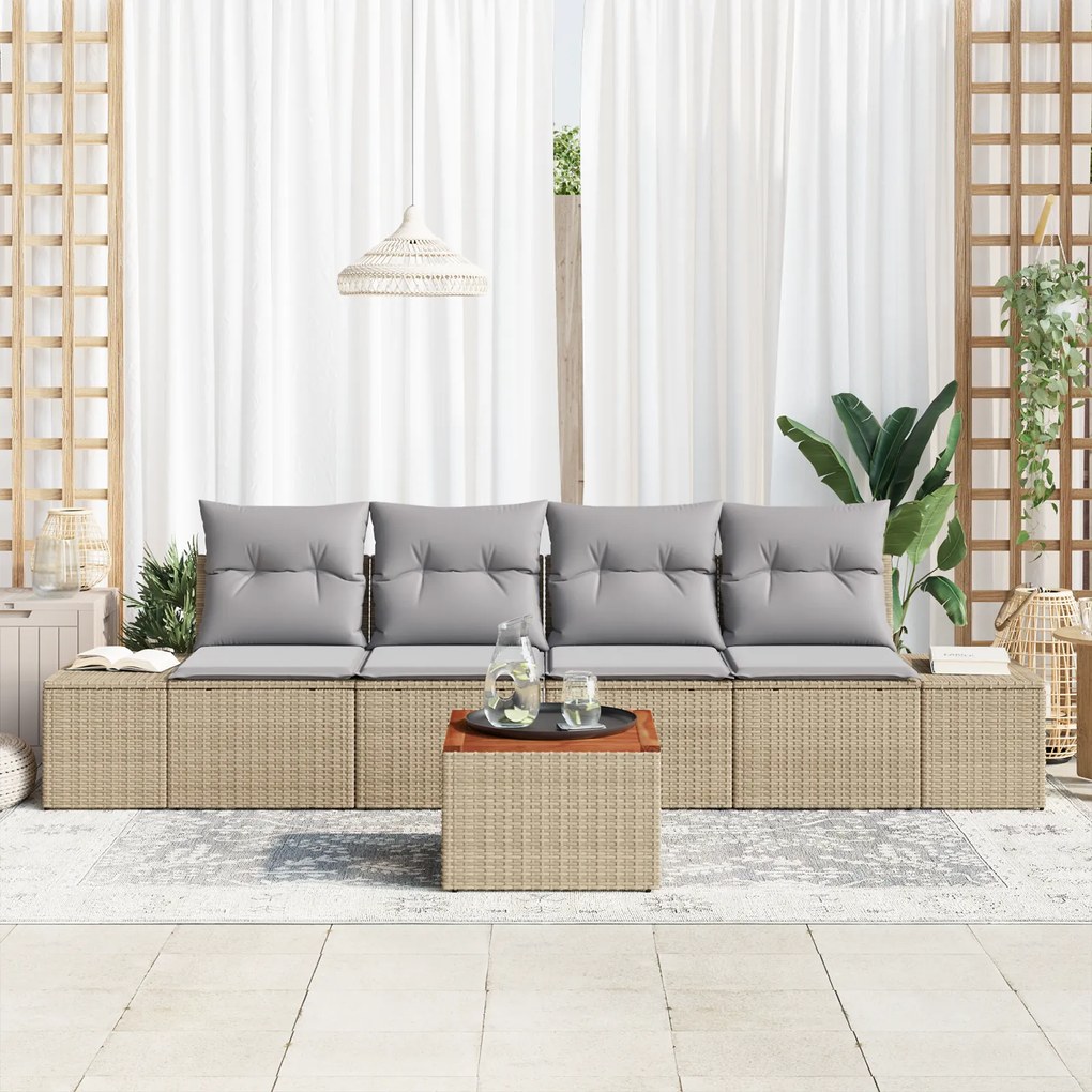 Conjunto de Sofá de Jardim de 5 Peças com Almofadas Bege Rattan Poliés