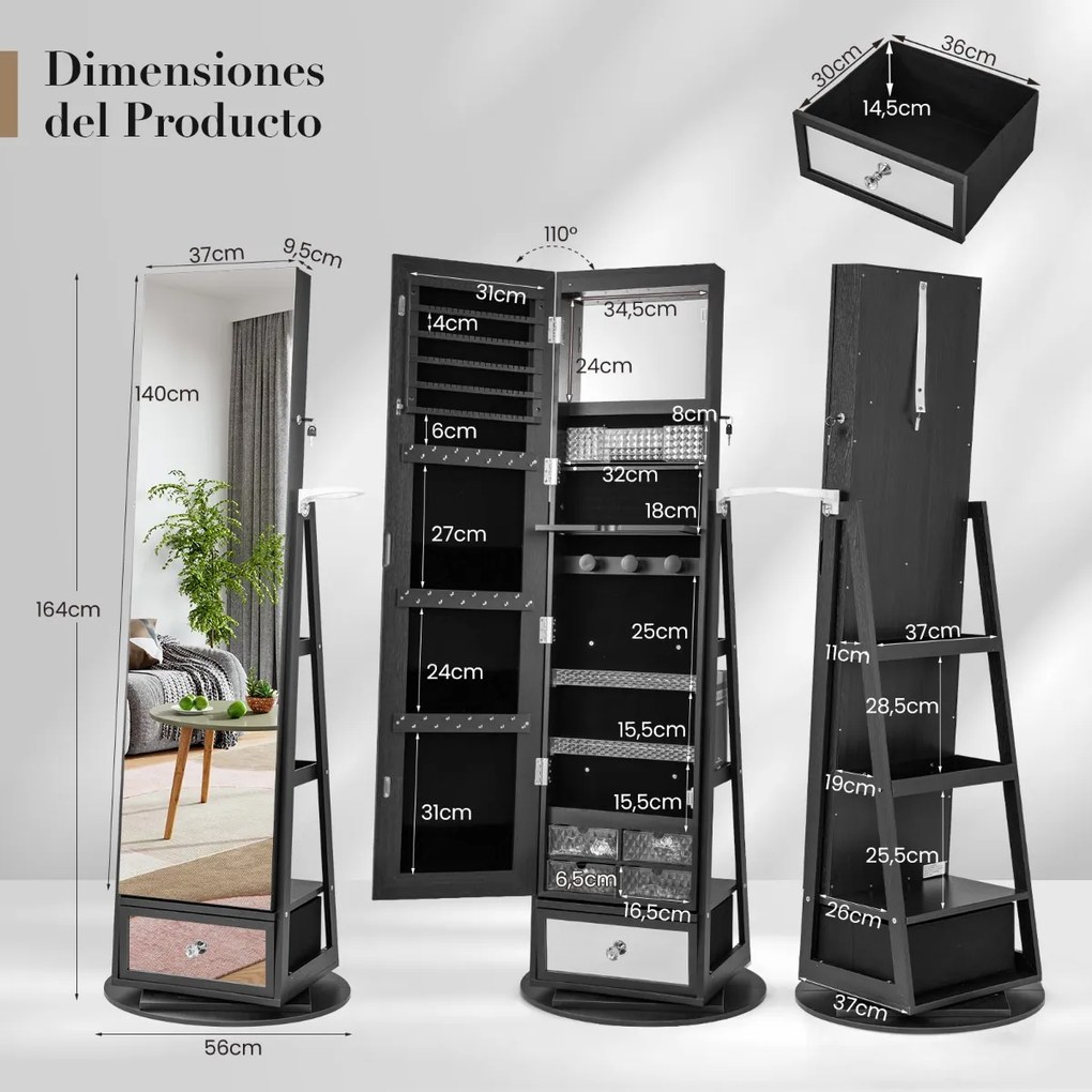 Armário para joias giratório em 360° com espelho, luzes LED, fechadura e prateleira traseira preta