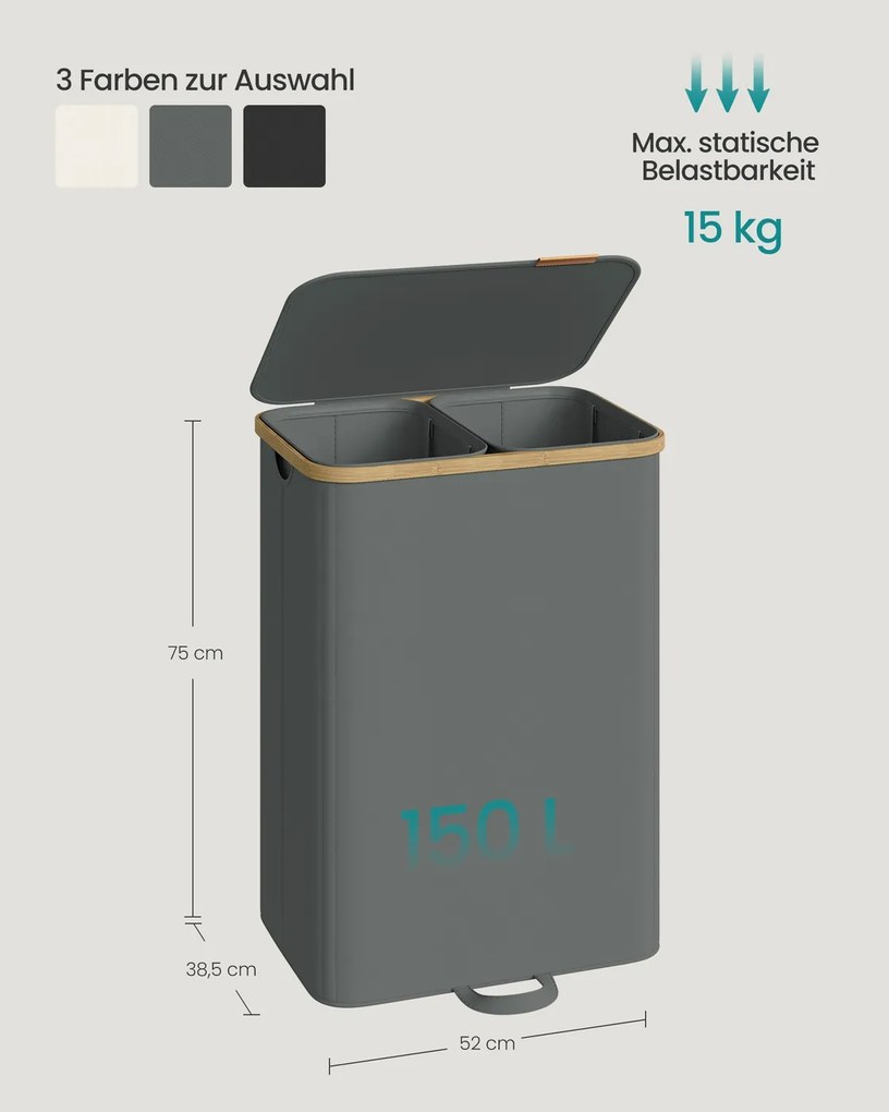 Cesto da roupa suja com tampa e saco removível 52 x 38,5 x 75 cm, 150 L, cinzento ardósia