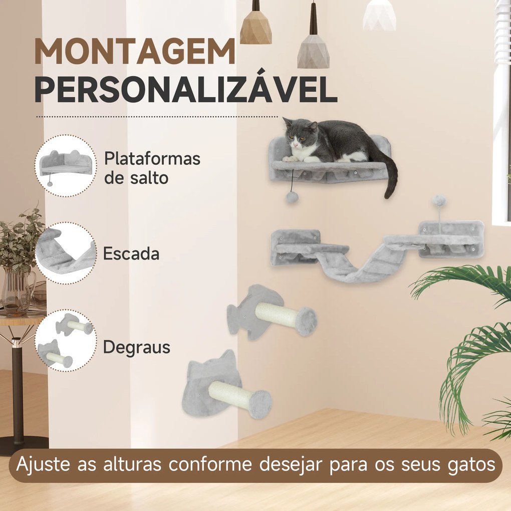 Conjunto de Prateleiras de Escalada para Gatos de 4 Peças com 2 Postes de Sisal e Plataforma para Saltar Cinzento