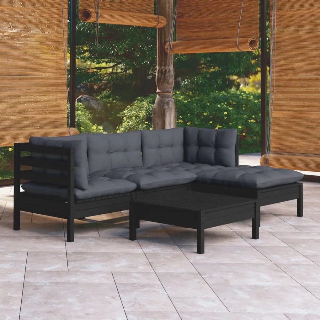 vidaXL 5 pcs conjunto lounge de jardim c/ almofadões pinho preto