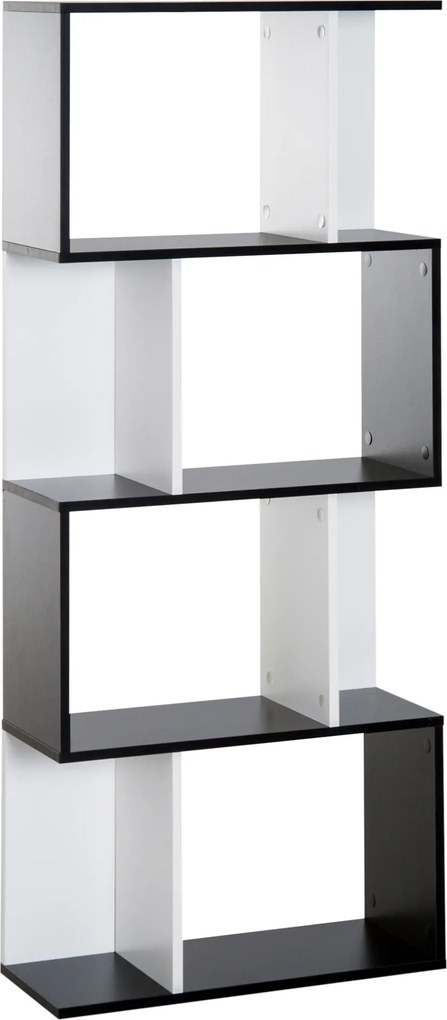 Estante de 5 níveis 60 x 24 x 148 cm, móvel de arrumação em forma de S com prateleiras, estante para sala de estar, quarto e escritório, preto, branco