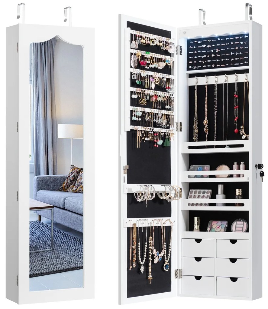 Armário para joias com espelho, iluminação LED, fechadura para montar na porta ou na parede, 36,5 x 11,5 x 120 cm Branco