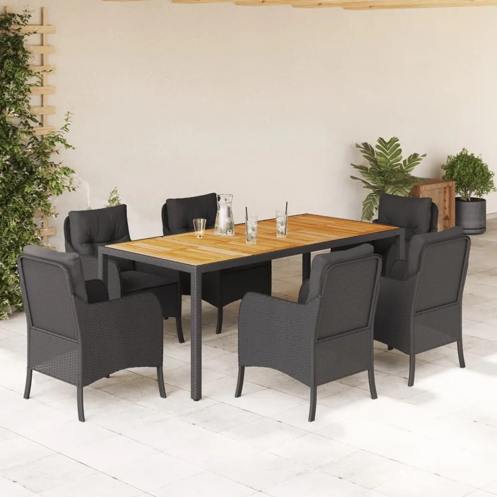 vidaXL 7 pcs conjunto de jantar p/ jardim c/ almofadões vime PE preto