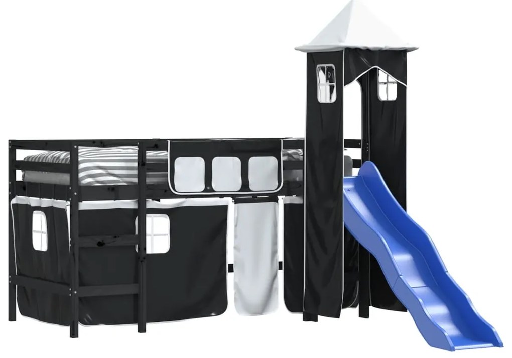 Cama alta criança c/ torre 90x190 cm pinho maciço branco/preto