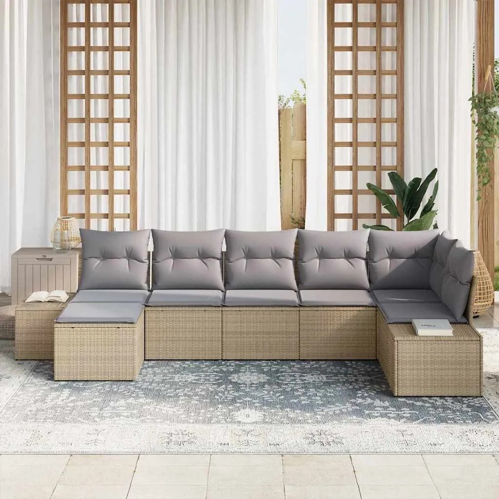 Conjunto de Sofá de Jardim 7 Peças com Almofadas Bege de Rattan