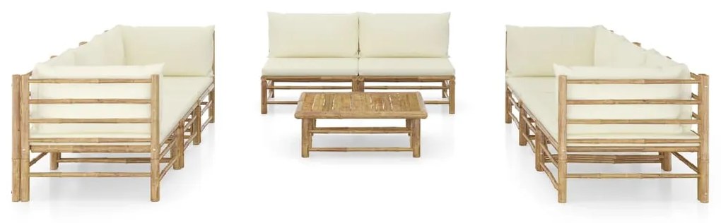 9 pcs conj. lounge p/ jardim em bambu c/ almofadões branco nata