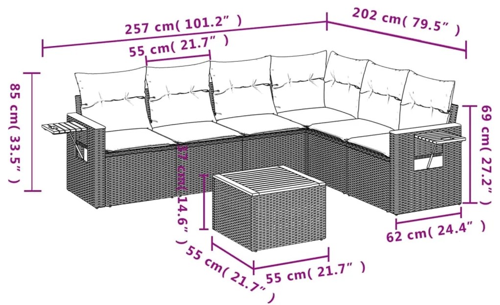 7 pcs conjunto sofás p/ jardim c/ almofadões vime PE cinzento