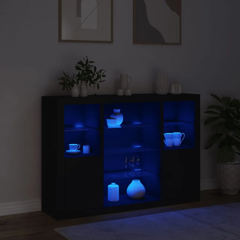 Aparadores c/ luzes LED 3 pcs derivados de madeira preto