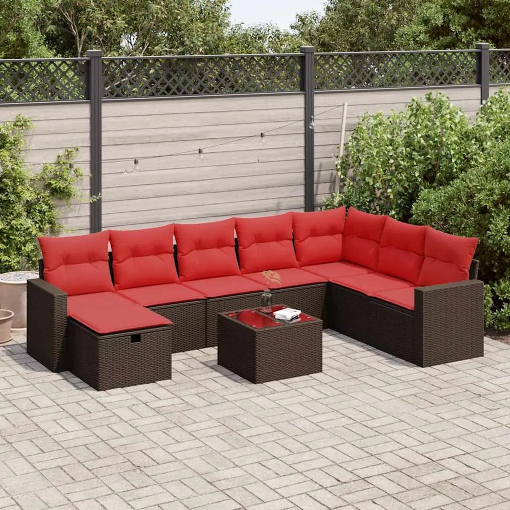 9 pcs conjunto sofás p/ jardim c/ almofadões vime PE castanho