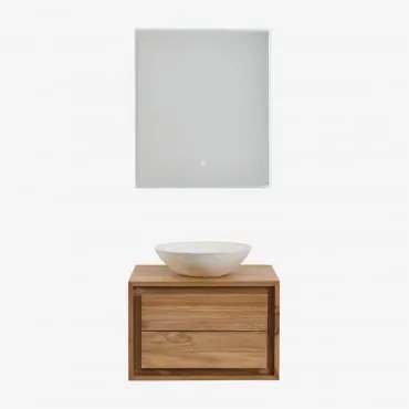 Conjunto De Móveis De Banheiro Em Madeira De Teca Jabari Madeira De Teca & Cimento Redondo Branco Ø40 Cm Zavion & Led Retangular - Sklum