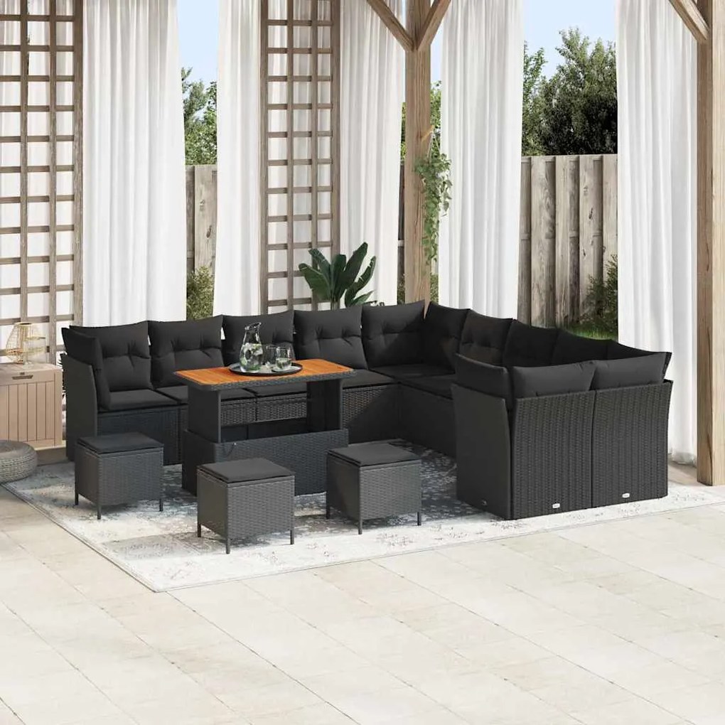 vidaXL Conjunto de Sofás de Jardim de 14 Peças da com Almofadas de Rattan Preto em Acácia