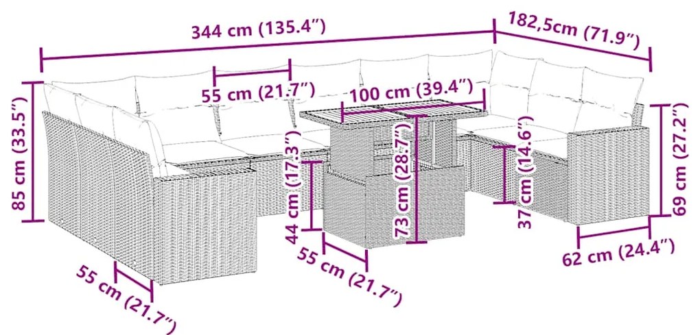 11 pcs conjunto sofás de jardim c/ almofadões vime PE bege
