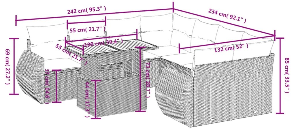 9 pcs conjunto de sofás p/ jardim c/ almofadões vime PE preto