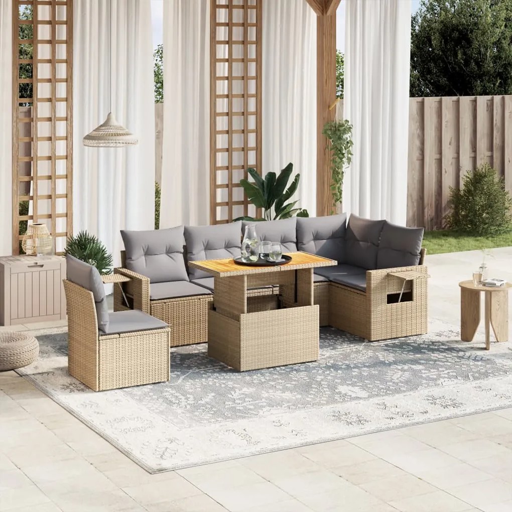 7 pcs conjunto de sofás p/ jardim com almofadões vime PE bege