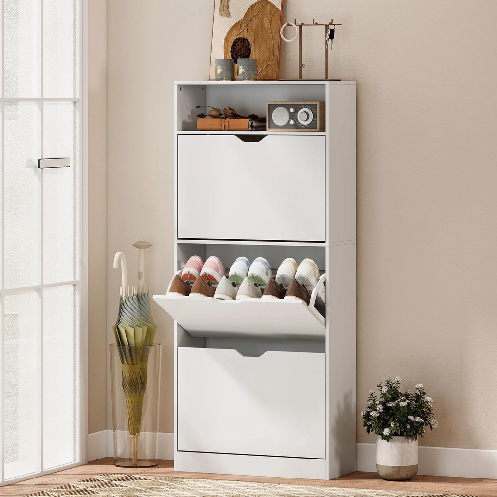 Sapateira Estreita com 3 Gavetas Rebatíveis Prateleiras Ajustáveis e Compartimento Aberto Capacidade para 12-18 Pares Branco