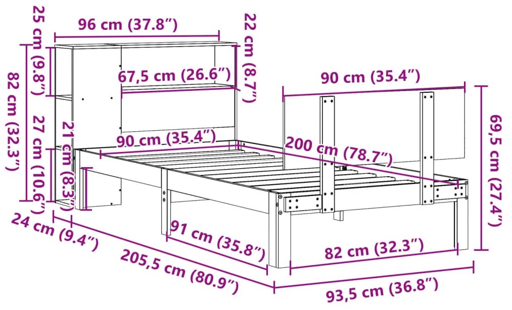 Cama com estante sem colchão 90x200 cm pinho maciço branco