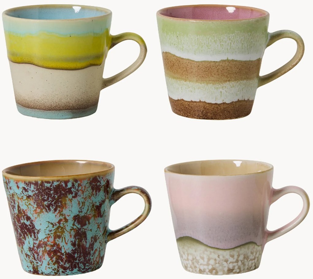 Canecas artesanal com vidrado reativo 70's, conjunto de 4