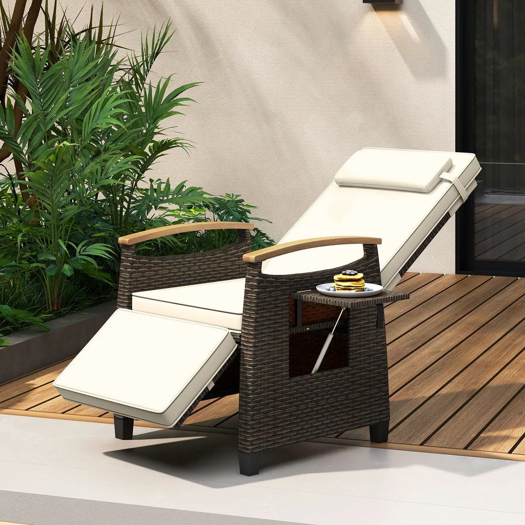 Poltrona jardim de rattan com encosto e apoio para os pés ajustáveis, mesinha rebatível, apoio para a cabeça removível, braços em madeira de acácia, t