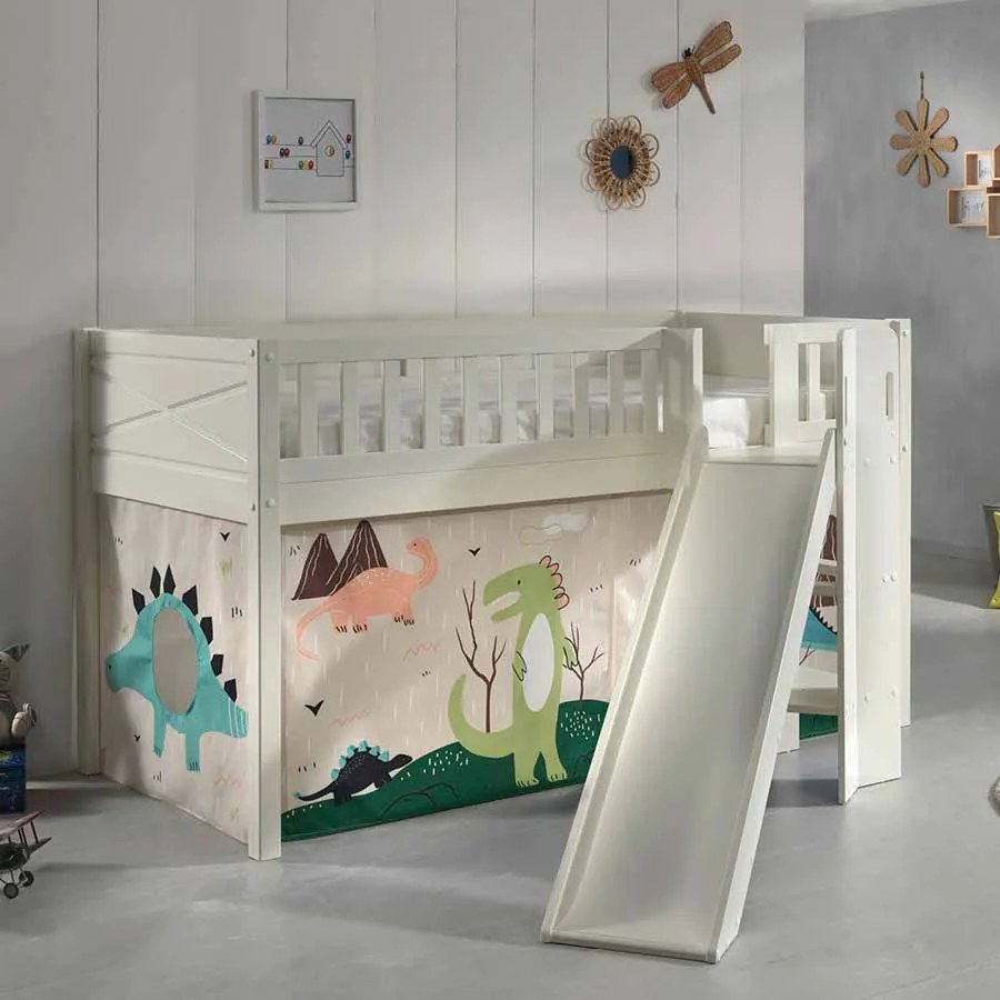 Conjunto cama Infantil SCOTT + escorrega + cortina de brincar DINO Branca