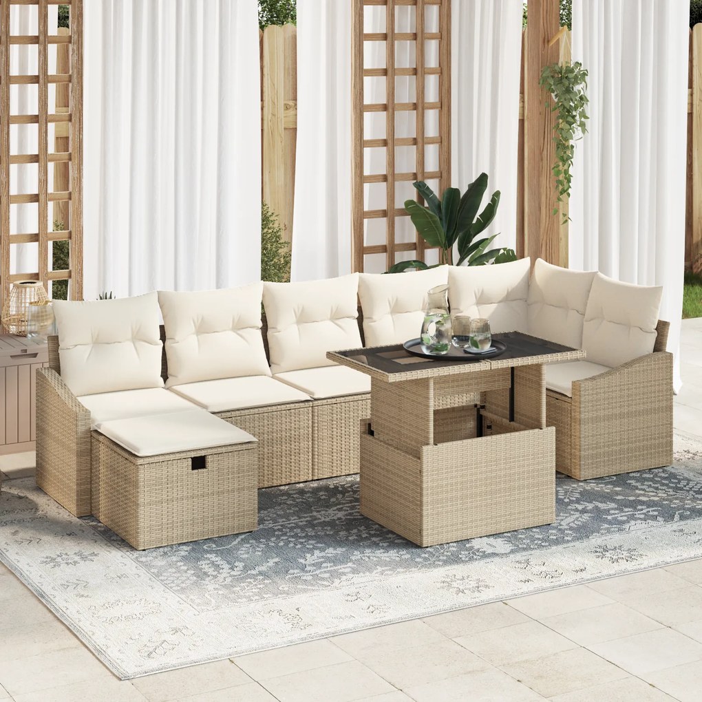 Conjunto de Sofá de Jardim de 8 Peças com Almofadas Bege Rattan