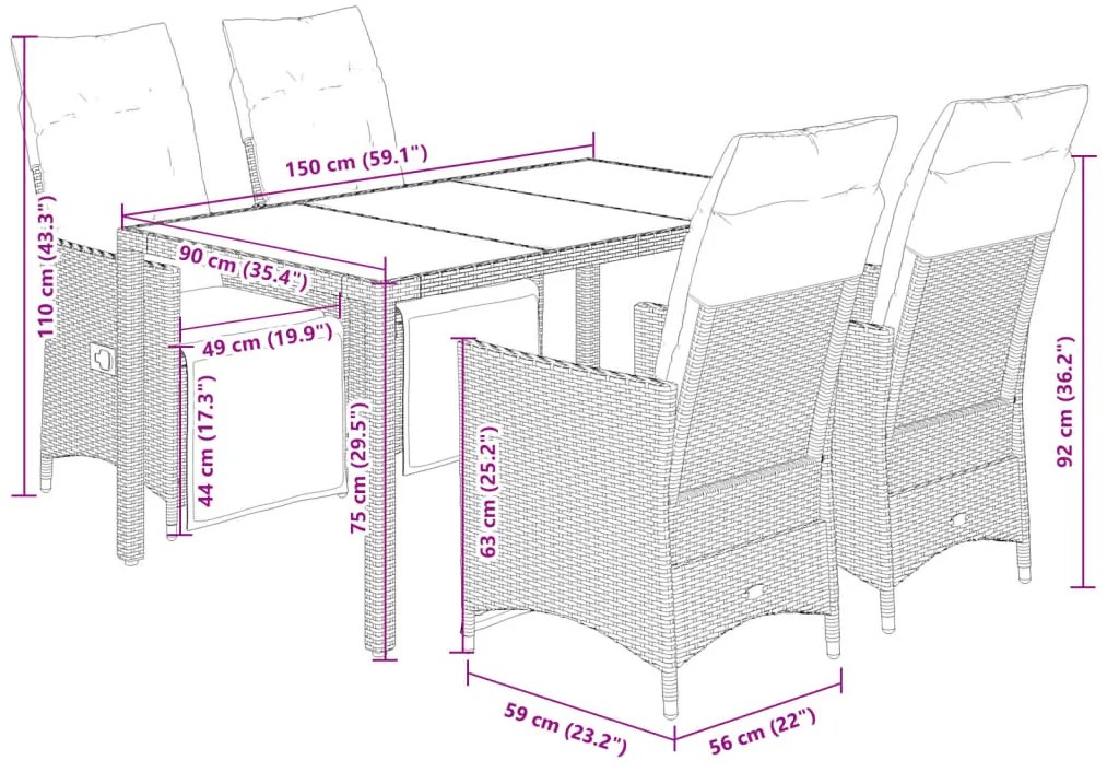 5 pcs conjunto de bistrô para jardim c/ almofadões vime PE bege