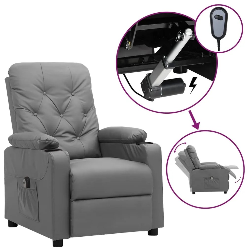 vidaXL Poltrona reclinável elétrica couro artificial cinzento