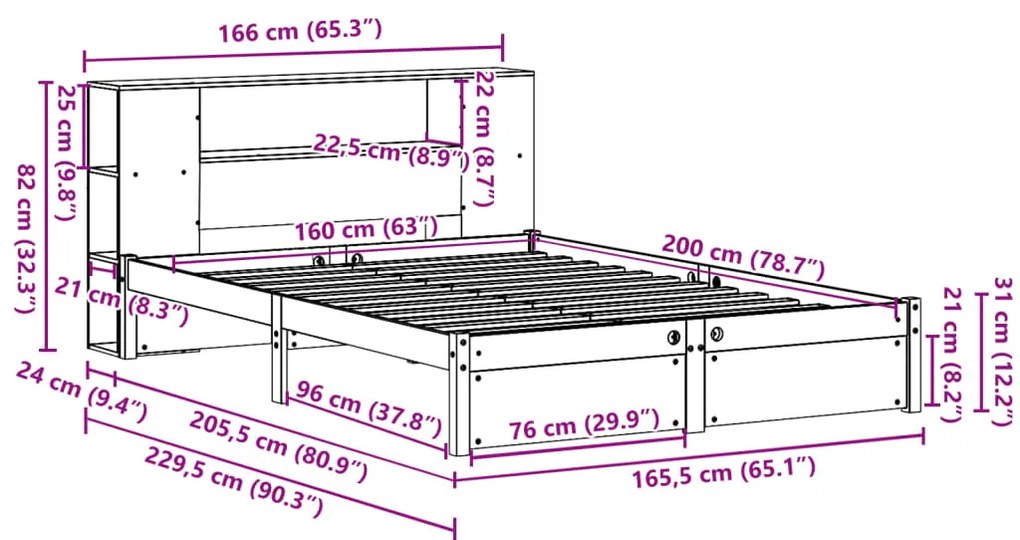 Cama com estante sem colchão 160x200 cm pinho maciço