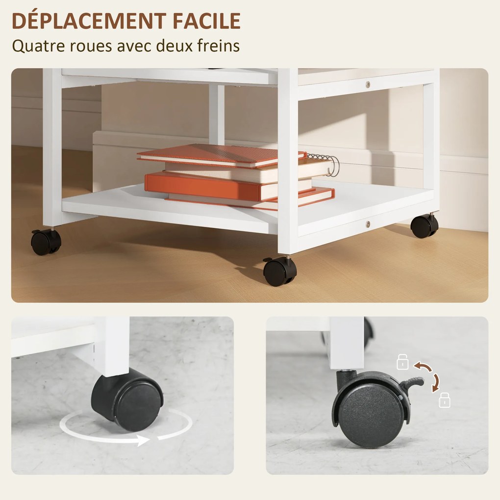 Suporte para impressora com 3 prateleiras, móvel com rodas, 50 L x 50 L x 52,5 A cm branco